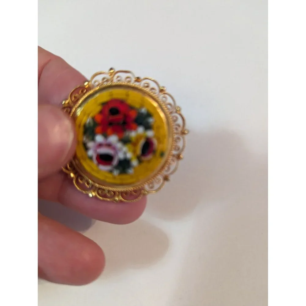 VTG Italian Micro mosiac brooch pin ornate filagree round yellow & floral marked